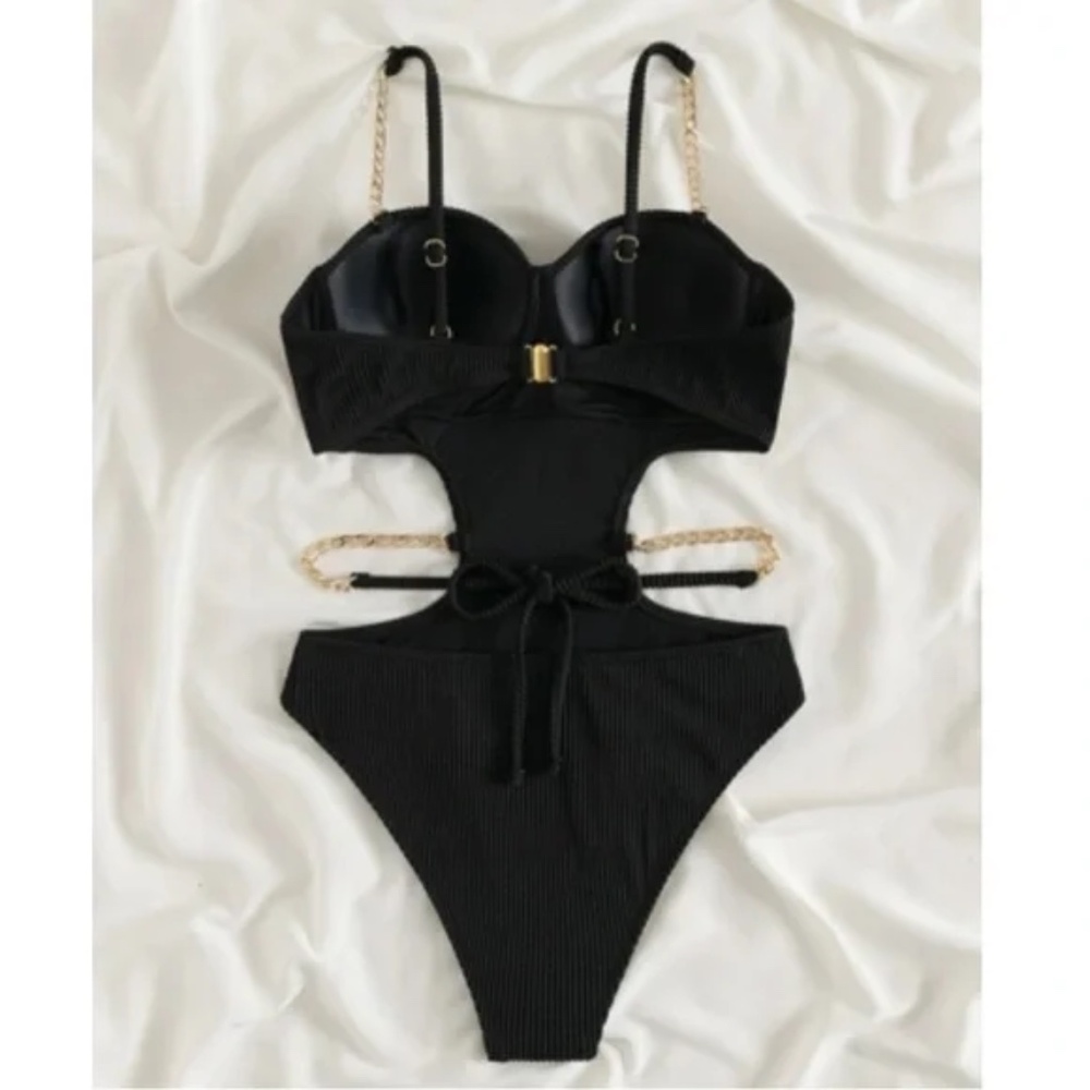 Ribbed Cut out Tie Back Monokini One Piece Swimsuit - Picture 6 of 13
